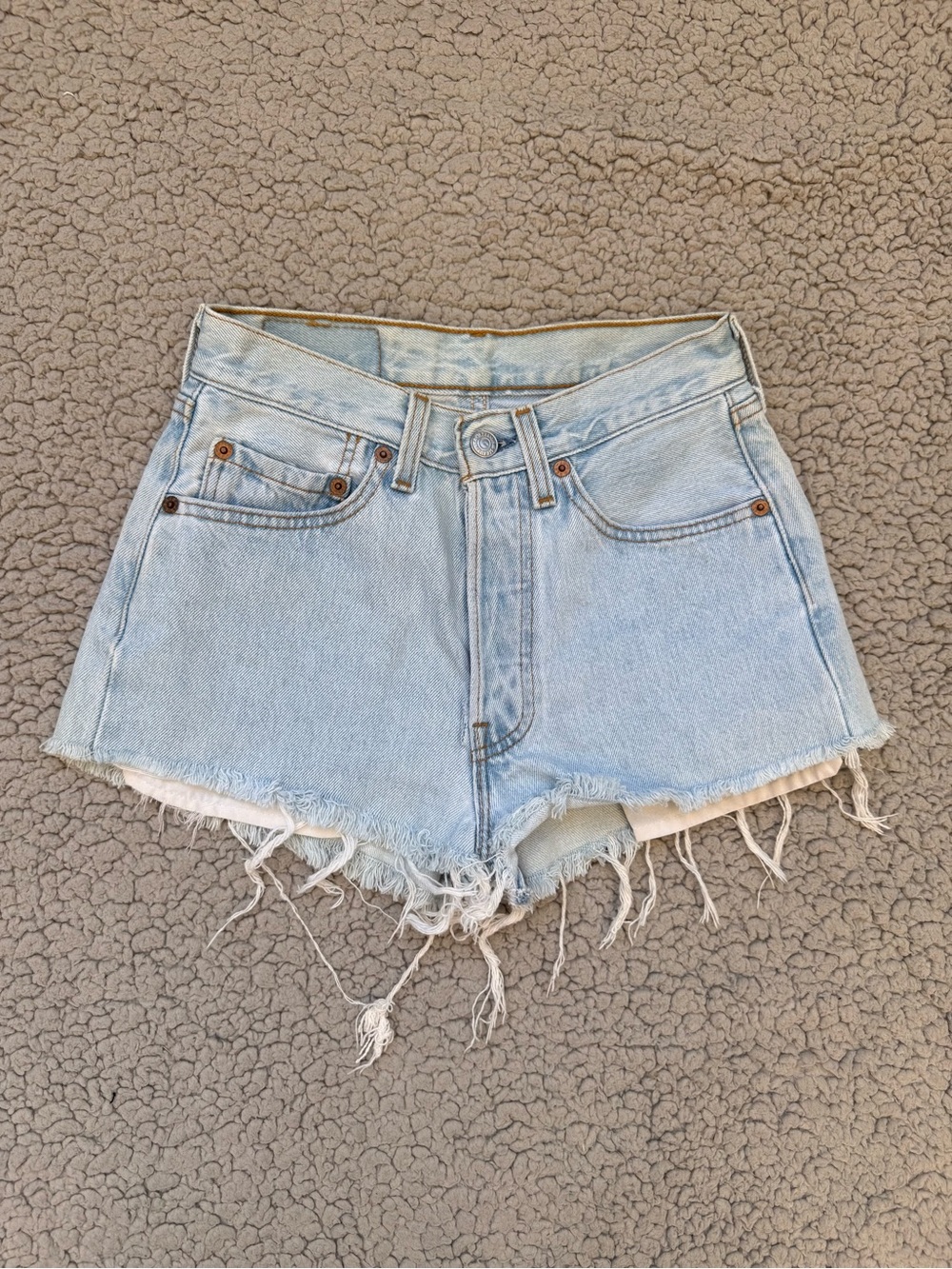 Levi’s Light Blue Denim High-Waist Frayed Hem Shorts